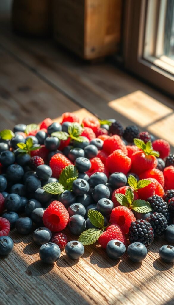 A colorful arrangement of fresh, juicy berries spills across a rustic wooden surface, casting soft shadows under the warm, natural light filtering through a window. Plump blueberries, vibrant raspberries, and glistening blackberries create a bountiful display, their vibrant hues contrasting beautifully against the weathered wood backdrop. The composition is balanced and visually appealing, with the berries artfully arranged in an organic, asymmetrical pattern. A sense of abundance and freshness permeates the scene, evoking feelings of summer abundance and a taste of nature's sweetness.