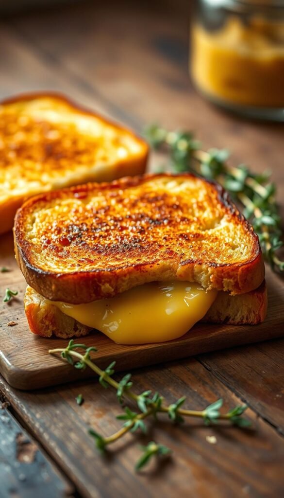 A comforting grilled cheese sandwich rests on a rustic wooden table, the golden-brown bread glistening in the soft, natural light. The cheese, perfectly melted and oozing, is tucked between the slices, its creamy texture inviting a bite. Surrounding the sandwich are a few sprigs of fresh thyme, adding a subtle herbal aroma. The scene is captured from a slightly elevated angle, emphasizing the artisanal, handcrafted quality of the dish. The warm, cozy atmosphere evokes a sense of nostalgia and the comfort of a homemade meal, perfectly suited for a cozy, gourmet grilled cheese experience.