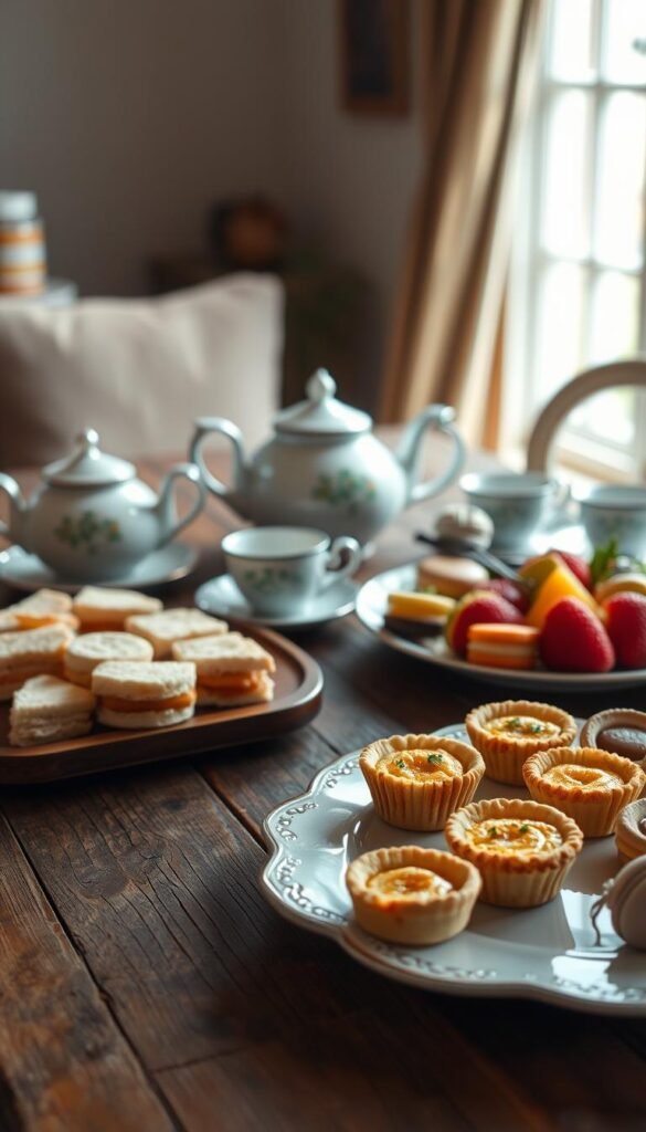 A cozy and inviting tea party scene with an array of homemade snacks artfully displayed on a rustic wooden table. In the foreground, an assortment of finger sandwiches, scones, and mini quiches arranged on a vintage ceramic platter. In the middle ground, a teapot and matching teacups sit alongside a platter of fresh fruit and delicate macarons. The background features a soft, natural lighting filtering through a window, creating a warm and inviting atmosphere. The overall mood is one of casual elegance, perfect for an intimate afternoon tea gathering.