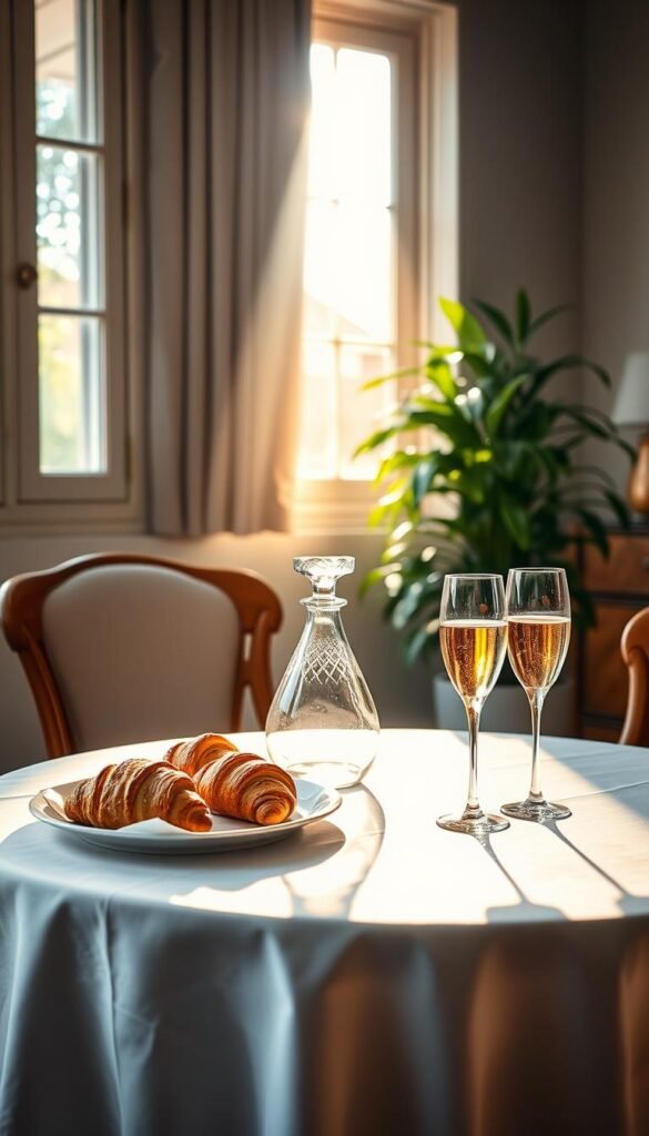 A cozy breakfast nook with a white linen tablecloth, a tray of fresh croissants, a chilled flute of champagne, and a warm shaft of morning sunlight streaming through a large window. In the middle ground, an elegant crystal decanter and two champagne glasses reflect the light, while in the background, a lush indoor plant and a glimpse of a wooden sideboard add depth and a sense of tranquility. The lighting is soft and diffused, creating a serene and inviting atmosphere perfect for an early-day champagne pairing.
