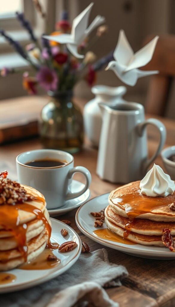 A cozy breakfast scene with a whimsical twist. In the foreground, a stack of fluffy pancakes drizzled with maple syrup and sprinkled with crushed pecans, accompanied by a side of crispy candied bacon. In the middle ground, a steaming mug of artisanal coffee with a dollop of homemade lavender-infused whipped cream. In the background, a rustic wooden table adorned with a vase of wildflowers and a playful origami bird taking flight. The lighting is soft and warm, creating a welcoming, intimate atmosphere. Captured through a lens with a shallow depth of field, drawing the viewer's attention to the delightful details. A cozy breakfast scene with a whimsical twist. In the foreground, a stack of fluffy pancakes drizzled with maple syrup and sprinkled with crushed pecans, accompanied by a side of crispy candied bacon. In the middle ground, a steaming mug of artisanal coffee with a dollop of homemade lavender-infused whipped cream. In the background, a rustic wooden table adorned with a vase of wildflowers and a playful origami bird taking flight. The lighting is soft and warm, creating a welcoming, intimate atmosphere. Captured through a lens with a shallow depth of field, drawing the viewer's attention to the delightful details.