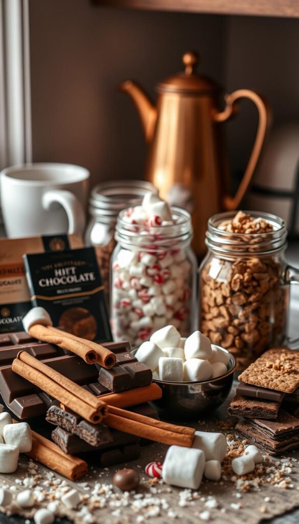 A cozy countertop arrangement of essential hot chocolate bar ingredients, bathed in warm, soft lighting. In the foreground, a variety of gourmet chocolate bars, cinnamon sticks, and fluffy marshmallows are artfully displayed. The middle ground features glass jars filled with peppermint candies, shaved chocolate, and crushed graham crackers. In the background, a vintage-inspired copper kettle and mugs stand ready to create the perfect winter-inspired beverage. The scene exudes a sense of hygge, inviting the viewer to curl up and indulge in the comforting flavors of a delightful hot chocolate bar.