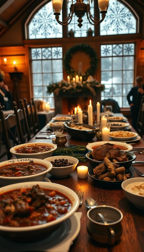 A cozy dining room with a large oak table set for a winter wedding feast. In the foreground, steaming dishes of hearty beef stew, savory pot roast, and creamy chicken potpie line the table, their aromas wafting through the air. Soft candlelight casts a warm glow, complemented by the flickering of a fireplace in the background. Intricate snowflake patterns adorn the windows, framing the snowy landscape outside. The overall atmosphere is one of comfort, tradition, and togetherness, perfect for celebrating the season and the newlyweds. A cozy dining room with a large oak table set for a winter wedding feast. In the foreground, steaming dishes of hearty beef stew, savory pot roast, and creamy chicken potpie line the table, their aromas wafting through the air. Soft candlelight casts a warm glow, complemented by the flickering of a fireplace in the background. Intricate snowflake patterns adorn the windows, framing the snowy landscape outside. The overall atmosphere is one of comfort, tradition, and togetherness, perfect for celebrating the season and the newlyweds.