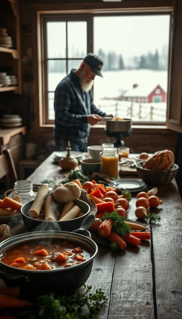 A cozy farmhouse kitchen in winter, with a rustic wooden table set with an array of fresh, seasonal ingredients. In the foreground, steam rises from a bubbling pot of hearty stew, surrounded by crisp root vegetables, fresh herbs, and a crusty artisanal loaf of bread. The middle ground features a farmhand setting the table, their weathered hands gently arranging bowls and utensils. Through the window, a snowy landscape stretches out, with a distant red barn and leafless trees under a soft, overcast sky. The lighting is warm and inviting, casting a gentle glow over the scene. This image captures the essence of a winter farm-to-table menu, showcasing the bounty of the season and the homespun charm of a rural setting.