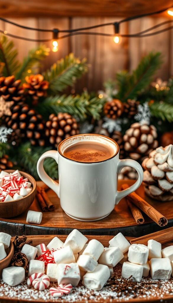 A cozy hot chocolate bar set up in a rustic, winter wonderland. In the foreground, an array of toppings and garnishes arranged on a wooden serving tray - marshmallows, crushed peppermint, whipped cream, chocolate shavings, and cinnamon sticks. In the middle ground, a large, inviting mug of steaming hot chocolate, its surface swirled with frothy milk and a dusting of cocoa powder. Behind it, a backdrop of natural elements - pinecones, evergreen boughs, and glistening snowflakes, all softly illuminated by the warm glow of string lights overhead. The overall mood is one of comfort, coziness, and festive delight, perfect for creating a delightful hot chocolate bar experience.