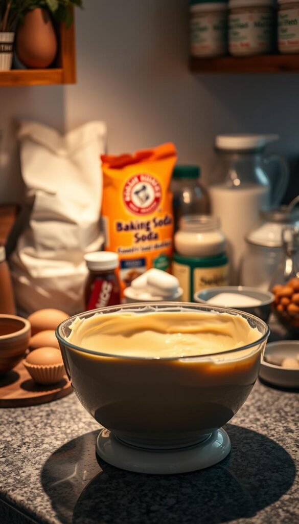 A cozy kitchen counter with an abundance of egg-free baking ingredients. Flour, baking soda, dairy-free milk, and an array of allergy-friendly sweeteners are neatly arranged. In the foreground, a mixing bowl filled with a smooth, creamy batter waits to be transformed into delectable egg-free treats. Warm, diffused lighting casts a gentle glow, creating a comforting and inviting atmosphere. The scene evokes a sense of culinary creativity and inclusive celebration, ready to inspire the preparation of nourishing, allergen-friendly baked goods.