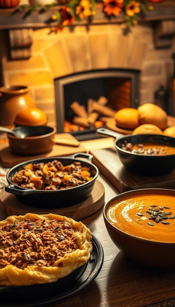 A cozy kitchen scene bathed in warm, golden light. In the foreground, a variety of seasonal comfort foods - a hearty shepherd's pie with a buttery mashed potato topping, a fragrant apple crisp with a crumbly oat streusel, and a rich and creamy pumpkin soup garnished with toasted pumpkin seeds. In the middle ground, an old-fashioned cast iron skillet sizzles with sautéed mushrooms and herbs. On the countertop, a rustic wooden board displays freshly baked rolls and a steaming pot of mulled wine. The background features a fireplace mantlepiece adorned with autumn foliage, casting a gentle glow across the scene. The overall atmosphere evokes feelings of contentment, nostalgia, and the comforts of the changing seasons. A cozy kitchen scene bathed in warm, golden light. In the foreground, a variety of seasonal comfort foods - a hearty shepherd's pie with a buttery mashed potato topping, a fragrant apple crisp with a crumbly oat streusel, and a rich and creamy pumpkin soup garnished with toasted pumpkin seeds. In the middle ground, an old-fashioned cast iron skillet sizzles with sautéed mushrooms and herbs. On the countertop, a rustic wooden board displays freshly baked rolls and a steaming pot of mulled wine. The background features a fireplace mantlepiece adorned with autumn foliage, casting a gentle glow across the scene. The overall atmosphere evokes feelings of contentment, nostalgia, and the comforts of the changing seasons.