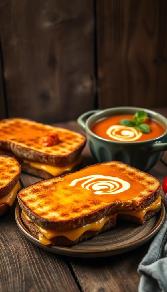 A cozy scene of freshly grilled tomato soup and cheddar sandwiches on a rustic wooden table. The sandwiches are golden-brown with melted cheddar cheese oozing out the sides. A steaming bowl of rich, creamy tomato soup sits beside them, garnished with a swirl of heavy cream and a sprinkle of fresh basil. Soft, indirect lighting casts a warm glow over the scene, creating an inviting and comforting atmosphere. The table is set against a backdrop of weathered wooden planks, suggesting a homey, farmhouse-inspired setting. The overall impression is one of simple, hearty indulgence - the perfect pairing for a cozy autumn day.