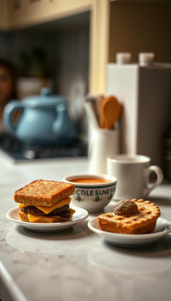 A cozy, softly lit kitchen counter featuring a selection of miniature comfort food delights. In the foreground, a tiny grilled cheese sandwich, a bite-sized meatball, and a petite slice of pie sit atop delicate porcelain dishes. In the middle ground, a diminutive bowl of creamy tomato soup and a miniature mug of steaming hot chocolate add to the inviting scene. The background is softly blurred, hinting at additional tiny treats waiting to be discovered. The mood is intimate, nostalgic, and perfect for late-night indulgence. Captured with a shallow depth of field and a warm, natural lighting setup that emphasizes the diminutive scale and irresistible appeal of these miniature snacks.