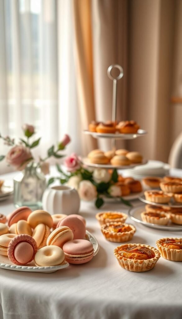 A cozy table set for a seasonal tea party, adorned with a crisp white tablecloth and delicate floral centerpiece. In the foreground, an assortment of freshly baked treats - delicate macarons in pastel shades, buttery shortbread cookies, and bite-sized fruit tarts with glistening glaze. In the middle ground, a tiered serving stand showcases an array of seasonal delights - pumpkin spice madeleines, maple-glazed scones, and mini quiches with caramelized onions. The overall atmosphere is warm and inviting, lit by soft natural light filtering through sheer curtains. Capturing the essence of a quintessential afternoon tea, this scene evokes a sense of elegant indulgence and seasonal charm.