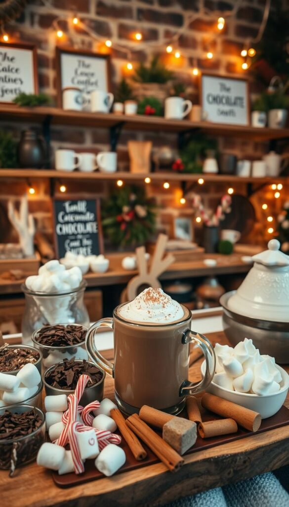 A cozy, themed hot chocolate bar set up in a warm, rustic interior. In the foreground, an array of delectable toppings and mix-ins arranged neatly on a wooden serving tray - marshmallows, crushed peppermint, chocolate shavings, cinnamon sticks, and whipped cream. In the middle ground, a large, steaming mug of rich, velvety hot chocolate, garnished with a sprinkle of cocoa powder. Behind it, a backdrop of exposed brick walls adorned with string lights, casting a soft, amber glow throughout the scene. Wooden shelves line the walls, displaying an assortment of festive mugs, signage, and winter-themed accents. The overall atmosphere exudes a sense of comfort, coziness, and holiday cheer.