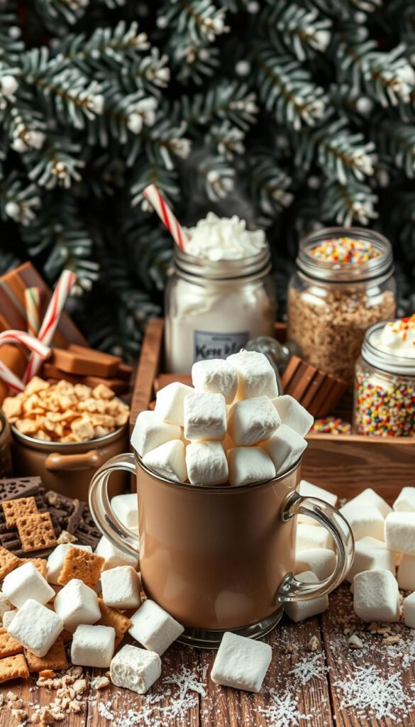 A cozy winter scene of a rustic, wooden hot chocolate bar overflowing with an assortment of delightful toppings. In the foreground, a variety of marshmallows in different shapes and colors sit atop a steaming mug of hot cocoa. Surrounding the mug, an array of gourmet garnishes including crushed peppermint sticks, crumbled graham crackers, shaved chocolate, and fluffy whipped cream. In the middle ground, a vintage-inspired serving tray holds jars filled with caramel drizzle, toasted coconut flakes, and sprinkles in festive hues. The background features a backdrop of snow-dusted pine branches, creating a warm and inviting winter ambiance. Soft, diffused lighting casts a cozy glow over the entire scene.