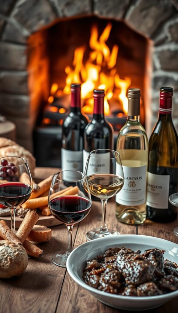 A cozy winter still life showcasing a selection of red and white wines paired with hearty, comforting dishes. In the foreground, a wooden table is adorned with a platter of roasted root vegetables, a rustic bread loaf, and two wine glasses filled with deep ruby and golden liquids. In the middle ground, a bottle of full-bodied red wine and a bottle of crisp white wine sit alongside a ceramic dish of braised beef stew, its rich, savory aroma wafting through the scene. The background features a warm, inviting fireplace with dancing flames, casting a soft, amber glow over the entire composition. The lighting is soft and diffused, creating a intimate, hygge-inspired atmosphere perfect for enjoying winter comfort foods and their ideal wine pairings. A cozy winter still life showcasing a selection of red and white wines paired with hearty, comforting dishes. In the foreground, a wooden table is adorned with a platter of roasted root vegetables, a rustic bread loaf, and two wine glasses filled with deep ruby and golden liquids. In the middle ground, a bottle of full-bodied red wine and a bottle of crisp white wine sit alongside a ceramic dish of braised beef stew, its rich, savory aroma wafting through the scene. The background features a warm, inviting fireplace with dancing flames, casting a soft, amber glow over the entire composition. The lighting is soft and diffused, creating a intimate, hygge-inspired atmosphere perfect for enjoying winter comfort foods and their ideal wine pairings.