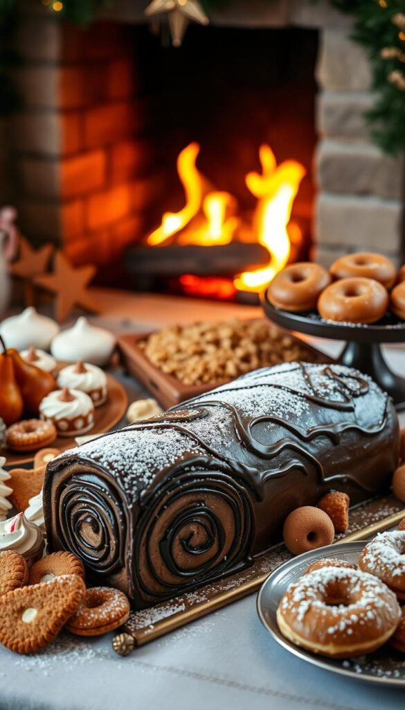 A cozy winter wedding dessert spread featuring an array of comforting and delightful treats. In the foreground, a decadent chocolate yule log cake with swirls of rich ganache and dusted with powdered sugar, nestled among an assortment of gingerbread cookies, peppermint meringues, and mulled wine-poached pears. The middle ground showcases a warm apple crumble with a golden, crisp topping, alongside a tray of freshly baked cinnamon-sugar donuts. In the background, a glowing fireplace casts a soft, amber light, lending a cozy, intimate atmosphere to the scene. The overall mood is one of hygge, warmth, and indulgence, perfectly suited for a winter wedding celebration. A cozy winter wedding dessert spread featuring an array of comforting and delightful treats. In the foreground, a decadent chocolate yule log cake with swirls of rich ganache and dusted with powdered sugar, nestled among an assortment of gingerbread cookies, peppermint meringues, and mulled wine-poached pears. The middle ground showcases a warm apple crumble with a golden, crisp topping, alongside a tray of freshly baked cinnamon-sugar donuts. In the background, a glowing fireplace casts a soft, amber light, lending a cozy, intimate atmosphere to the scene. The overall mood is one of hygge, warmth, and indulgence, perfectly suited for a winter wedding celebration.