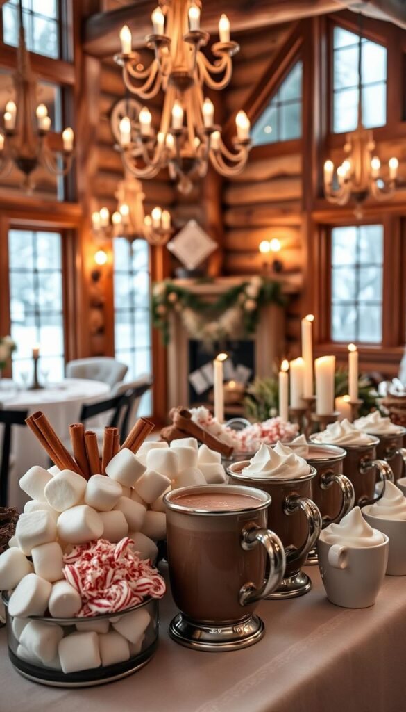 A cozy winter wedding hot chocolate bar, set against a backdrop of a rustic wooden cabin interior. In the foreground, a table is laden with a variety of toppings and mix-ins - plump marshmallows, cinnamon sticks, crushed peppermint, shaved chocolate, and whipped cream. The hot chocolate is served in elegant mugs, steam wafting upwards. Soft lighting from chandeliers and candles sets a warm, inviting atmosphere, while large windows offer a glimpse of a snowy landscape outside. The overall scene conveys a sense of comfort, indulgence, and the joyful celebration of a winter wedding.