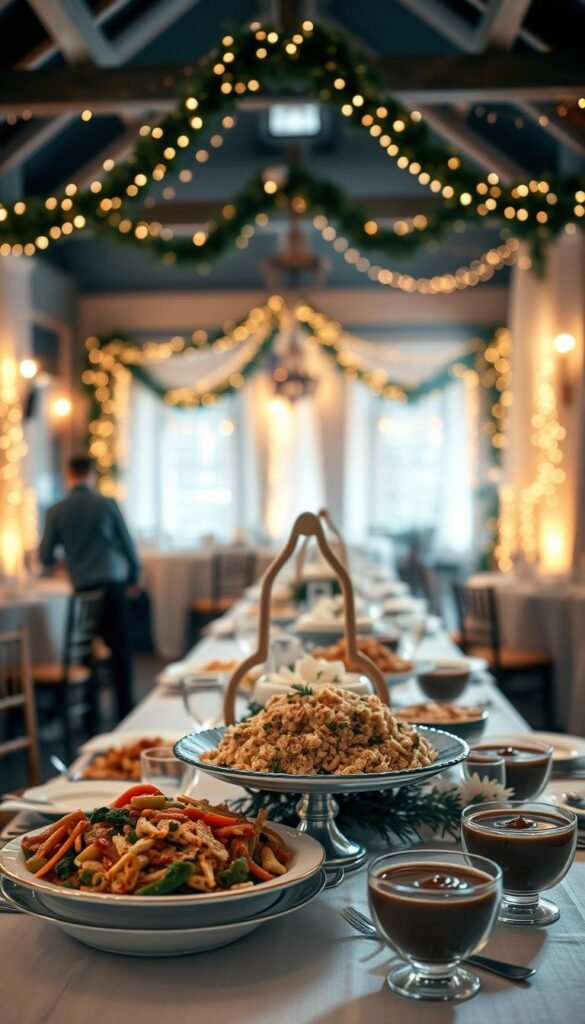 A cozy winter wedding reception, the tables adorned with festive garlands and twinkling lights. In the center, an elegant display showcases a variety of dietary-friendly dishes - steaming vegetable stir-fry, gluten-free quinoa salad, and dairy-free chocolate mousse. Soft, diffused lighting illuminates the scene, creating a warm, inviting atmosphere. The focus is on inclusive, delicious comfort foods that cater to all guests, ensuring everyone can indulge in the joyous celebration. The camera captures this harmonious blend of seasonal decor and thoughtful cuisine, a perfect representation of how to accommodate dietary restrictions at a winter wedding. A cozy winter wedding reception, the tables adorned with festive garlands and twinkling lights. In the center, an elegant display showcases a variety of dietary-friendly dishes - steaming vegetable stir-fry, gluten-free quinoa salad, and dairy-free chocolate mousse. Soft, diffused lighting illuminates the scene, creating a warm, inviting atmosphere. The focus is on inclusive, delicious comfort foods that cater to all guests, ensuring everyone can indulge in the joyous celebration. The camera captures this harmonious blend of seasonal decor and thoughtful cuisine, a perfect representation of how to accommodate dietary restrictions at a winter wedding.