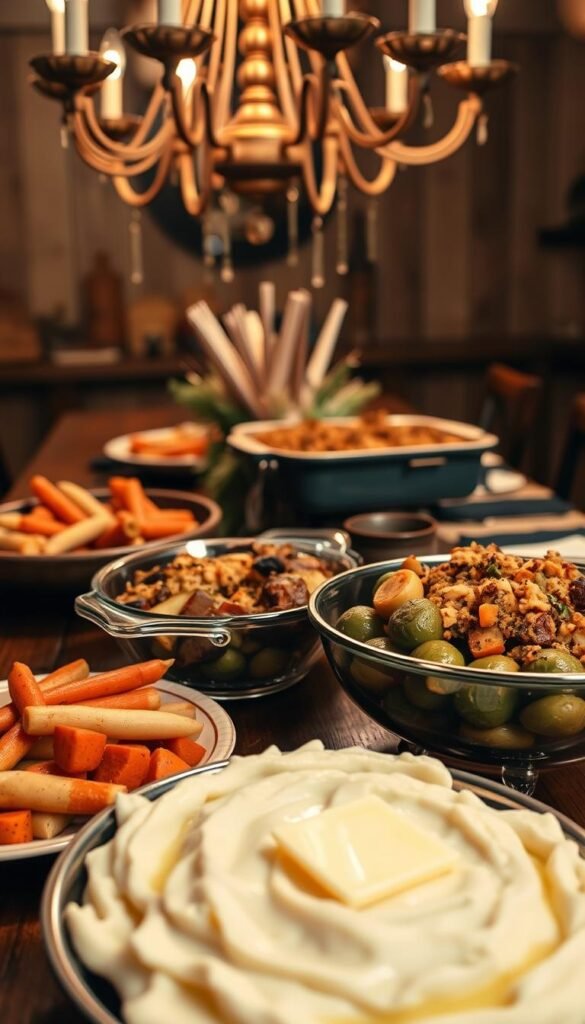 A cozy winter wedding reception, with a rustic wooden table set with an array of hearty side dishes. In the foreground, a platter of creamy mashed potatoes, topped with a pat of melted butter. To the side, a bountiful bowl of roasted root vegetables - carrots, parsnips, and Brussels sprouts, glistening with olive oil. In the middle ground, a casserole dish filled with savory stuffing, flecked with herbs and toasted breadcrumbs. The background features a vintage-inspired chandelier casting a warm, ambient glow over the scene, complementing the muted tones of the decor. The overall atmosphere is one of comfort and celebration, perfect for a winter wedding. A cozy winter wedding reception, with a rustic wooden table set with an array of hearty side dishes. In the foreground, a platter of creamy mashed potatoes, topped with a pat of melted butter. To the side, a bountiful bowl of roasted root vegetables - carrots, parsnips, and Brussels sprouts, glistening with olive oil. In the middle ground, a casserole dish filled with savory stuffing, flecked with herbs and toasted breadcrumbs. The background features a vintage-inspired chandelier casting a warm, ambient glow over the scene, complementing the muted tones of the decor. The overall atmosphere is one of comfort and celebration, perfect for a winter wedding.