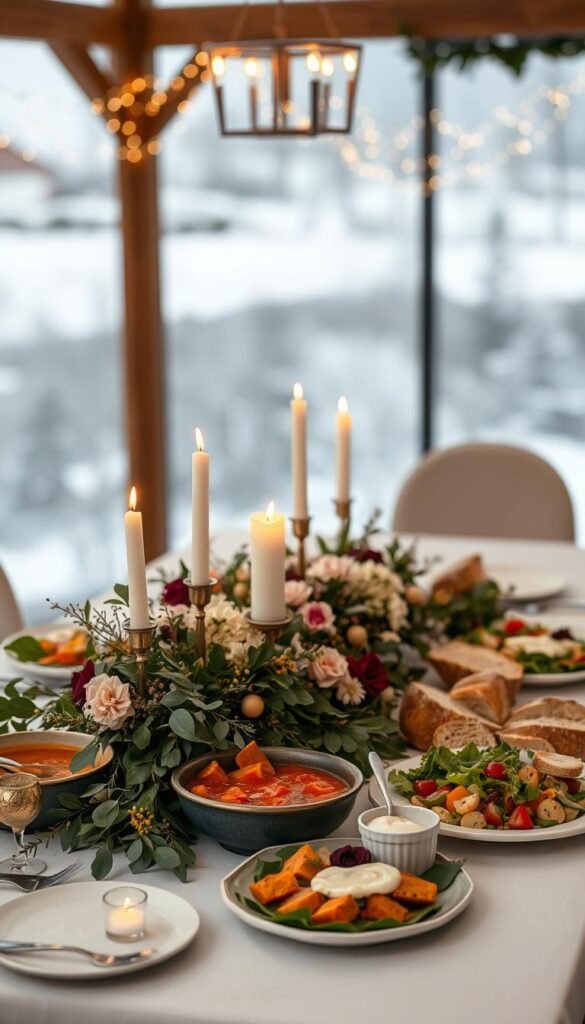 A cozy winter wedding scene featuring an elegant table setting with a mix of vegetarian and vegan dishes. In the foreground, a centerpiece of seasonal foliage, candles, and delicate floral accents. On the table, an array of plant-based delicacies - hearty root vegetable stews, vibrant salads, warm bread, and creamy dairy-free desserts. Soft, diffused lighting illuminates the scene, creating a warm, inviting atmosphere. In the background, a glimpse of snowy landscapes and twinkling lights, setting the stage for a comforting, plant-based celebration. A cozy winter wedding scene featuring an elegant table setting with a mix of vegetarian and vegan dishes. In the foreground, a centerpiece of seasonal foliage, candles, and delicate floral accents. On the table, an array of plant-based delicacies - hearty root vegetable stews, vibrant salads, warm bread, and creamy dairy-free desserts. Soft, diffused lighting illuminates the scene, creating a warm, inviting atmosphere. In the background, a glimpse of snowy landscapes and twinkling lights, setting the stage for a comforting, plant-based celebration.