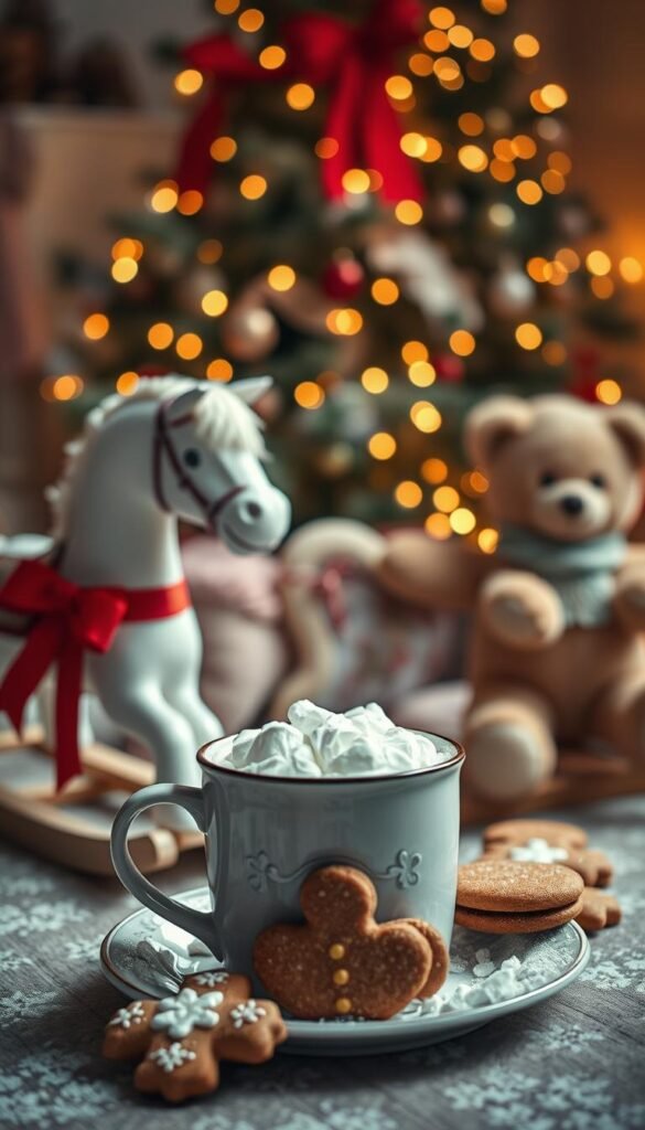 A cozy winter wedding scene featuring childhood favorites. In the foreground, a steaming mug of hot chocolate topped with fluffy marshmallows, alongside a plate of freshly baked gingerbread cookies. In the middle ground, a vintage rocking horse adorned with a festive red ribbon stands beside a plush teddy bear. In the background, a twinkling Christmas tree aglow with warm fairy lights, casting a soft, nostalgic glow over the intimate gathering. The overall mood is one of comfort, joy, and the sweet embrace of cherished memories from simpler times. Captured through a medium format lens with a shallow depth of field, creating a dreamy, timeless quality. A cozy winter wedding scene featuring childhood favorites. In the foreground, a steaming mug of hot chocolate topped with fluffy marshmallows, alongside a plate of freshly baked gingerbread cookies. In the middle ground, a vintage rocking horse adorned with a festive red ribbon stands beside a plush teddy bear. In the background, a twinkling Christmas tree aglow with warm fairy lights, casting a soft, nostalgic glow over the intimate gathering. The overall mood is one of comfort, joy, and the sweet embrace of cherished memories from simpler times. Captured through a medium format lens with a shallow depth of field, creating a dreamy, timeless quality.