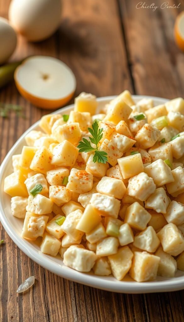 A creamy, homemade southern-style potato salad, freshly prepared with tender, bite-sized russet potato cubes, hard-boiled eggs, crisp celery, tangy dill pickles, and a rich, velvety mayonnaise dressing. The salad is artfully arranged on a white ceramic platter, garnished with sprigs of fresh parsley and a light dusting of paprika, against a backdrop of a rustic wooden table. Soft, natural lighting casts a warm, inviting glow, highlighting the salad's vibrant colors and creamy texture, creating a comforting, country-chic ambiance.