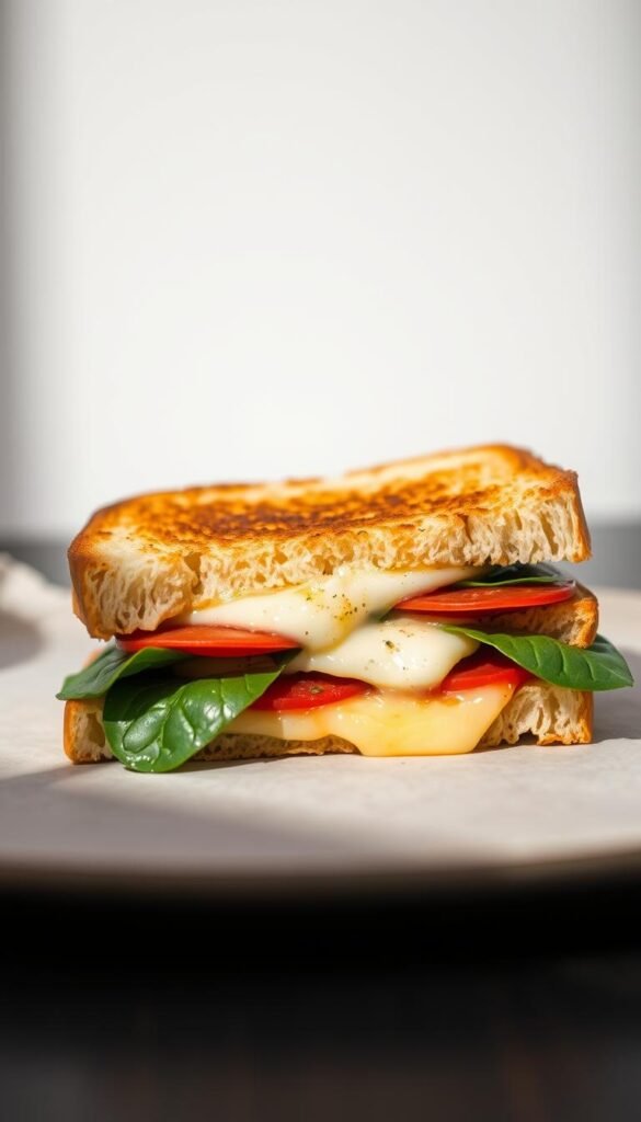 A crisp, golden-brown grilled cheese sandwich, its melted mozzarella oozing out, studded with slices of savory pepperoni and vibrant green spinach leaves. The sandwich is captured in a soft, diffused lighting, casting subtle shadows that emphasize its luscious texture. The composition places the sandwich in the center, slightly angled to showcase its cross-section, with a clean, neutral background that allows the delectable details to shine. The overall scene exudes a cozy, inviting atmosphere, perfectly capturing the essence of a comforting and indulgent pepperoni, spinach, and mozzarella grilled cheese.