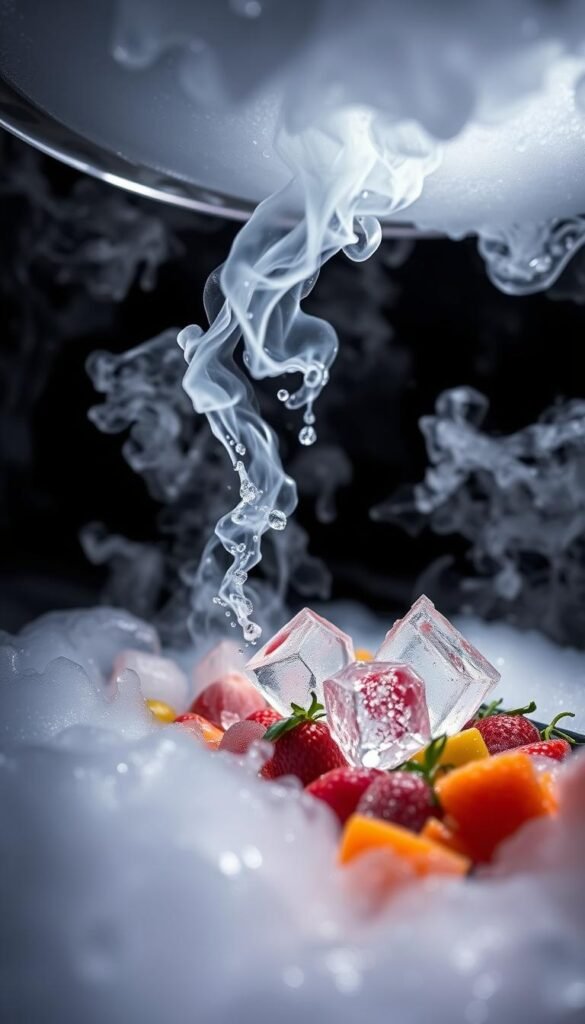 A cryogenic vessel filled with swirling liquid nitrogen, its frigid mist enveloping a tray of fresh ingredients. The camera captures the scene from a dynamic low angle, highlighting the dramatic interplay of light and shadow. Crystalline structures form in an instant as the ingredients are rapidly frozen, showcasing the power of this molecular gastronomy technique. The image exudes a sense of scientific wonder and culinary innovation, perfectly suited to illustrate the "Flash-Freezing with Liquid Nitrogen" section of the article.