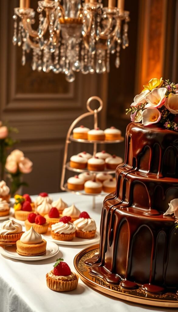A decadent display of elegantly crafted desserts, artfully arranged on a pristine white tablecloth, illuminated by warm, soft lighting. In the foreground, a towering chocolate cake with glossy ganache dripping down the sides, adorned with gold leaf and edible flowers. Alongside, delicate macarons in pastel hues, raspberry tarts with glistening fruit, and fluffy meringues dusted with powdered sugar. In the middle ground, a tiered stand holds delicate lace-patterned cupcakes and bite-sized éclairs filled with rich custard. In the background, a shimmering crystal chandelier casts a gentle glow, creating an atmosphere of refinement and indulgence.