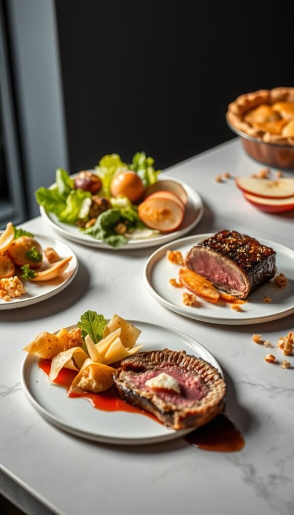 A deconstructed culinary arrangement of classical dishes, meticulously plated on a sleek, minimalist surface. In the foreground, intricate components of a deconstructed beef Wellington, with delicate puff pastry shards, a perfectly seared tenderloin, and an artful drizzle of rich demi-glace. The middle ground showcases the deconstructed elements of a classic Caesar salad - crisp romaine leaves, shaved parmesan, and croutons suspended in a creamy garlic-Parmesan dressing. In the background, a deconstructed apple pie with paper-thin apple slices, a dusting of cinnamon, and a scattering of buttery pie crust crumbs. The scene is illuminated by soft, directional lighting, highlighting the intricate textures and precise plating. The overall mood is one of culinary innovation and playful deconstruction.