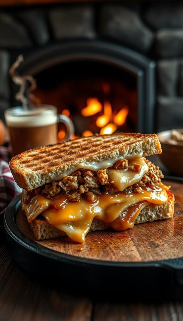 A delectable Thanksgiving leftovers sandwich, showcased in a warm, cozy setting. In the foreground, thick slices of bread are grilled to a golden-brown, oozing with creamy melted cheese. Layered between the bread, a generous portion of roasted turkey, rich gravy, and savory stuffing create a mouthwatering symphony of flavors. The middle ground features a rustic wooden table, adorned with a checkered cloth and a steaming mug of hot cider, setting the perfect autumn mood. In the background, a cozy fireplace with a crackling fire casts a soft, inviting glow, emanating a sense of comfort and nostalgia. Captured with a shallow depth of field, the image emphasizes the sandwich's irresistible textures and aromas, beckoning the viewer to savor every bite.
