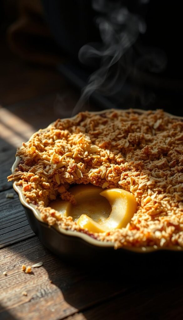 A delectable apple crumble with a golden-brown, coconut-infused topping rests on a rustic wooden table. The warm, cinnamony aroma fills the air as steam gently rises from the bubbling fruit filling. Soft, caramelized apple slices peek through the crunchy, toasted coconut crust, inviting a closer look. Dramatic side lighting casts shadows, highlighting the textural contrast between the smooth, creamy center and the crisp, shredded coconut topping. The overall scene exudes a cozy, comforting mood, perfect for a dairy-free dessert indulgence.