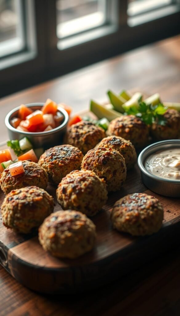 A delectable arrangement of freshly baked falafel, their crisp golden exteriors giving way to a soft, flavorful interior. The falafel are carefully arranged on a rustic wooden board, accompanied by a vibrant toppings selection - chopped tomatoes, diced cucumber, and a creamy tahini dressing. The scene is illuminated by warm, natural lighting, casting a soft glow and highlighting the textures of the dish. The composition is balanced, with the falafel taking center stage, surrounded by complementary elements that invite the viewer to savor each bite. An appetizing and visually striking representation of a classic vegetarian main course.