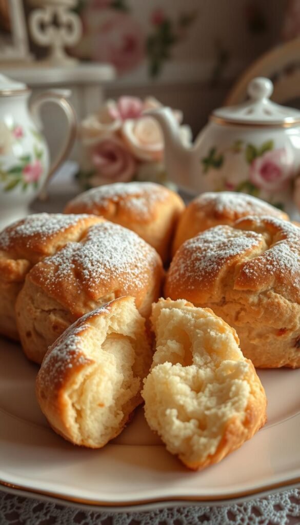A delectable arrangement of freshly baked scones, their golden-brown tops glistening under soft, warm lighting. The scones are adorned with a light dusting of powdered sugar, creating a delicate contrast against the crisp, flaky exterior. In the foreground, a single scone is halved, revealing its tender, fluffy interior, inviting the viewer to imagine the satisfying texture and flavor. The scones are positioned on a delicate, ivory-colored china plate, set against a backdrop of a cozy, well-appointed tea room, with tasteful floral accents and a hint of elegant, vintage charm. The overall mood is one of refined sophistication and the comforting allure of a classic tea-time tradition.