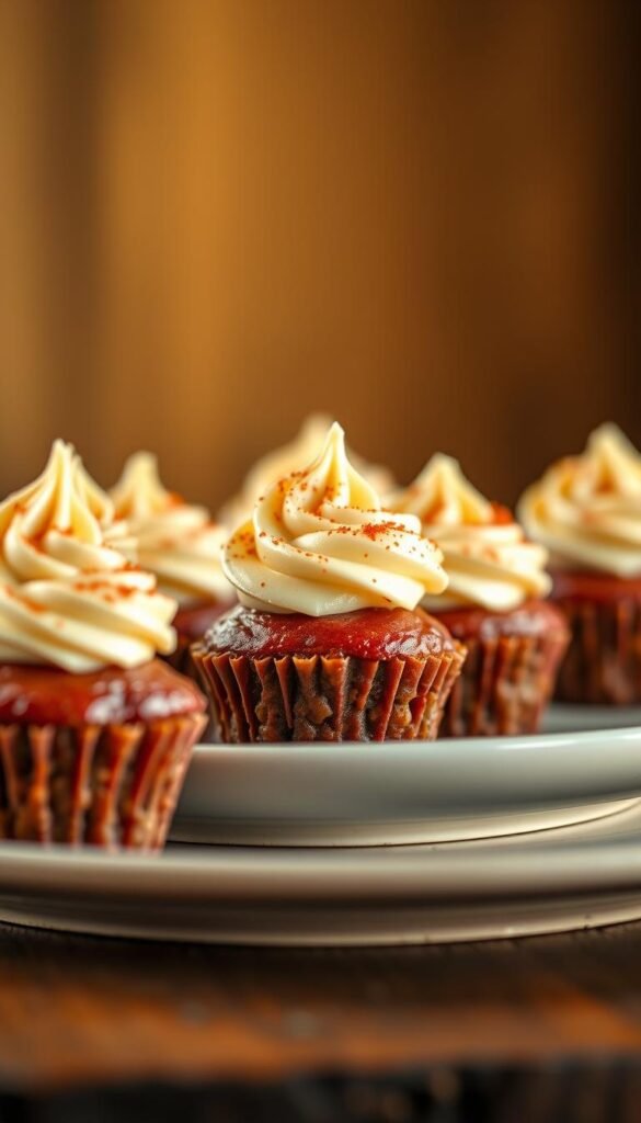 A delectable arrangement of miniature meatloaf "cupcakes" crowned with fluffy mashed potato "frosting" on a ceramic plate. The meatloaf is richly browned and glistening, with a tender, juicy interior. The mashed potato topping is piped into decorative swirls, dusted with paprika for a vibrant color contrast. The plate is set against a softly blurred background, bathed in warm, golden lighting that enhances the comforting, homemade aesthetic. Subtle shadows and a shallow depth of field draw the viewer's focus to the intricate details of this imaginative, bite-sized take on a classic comfort food.