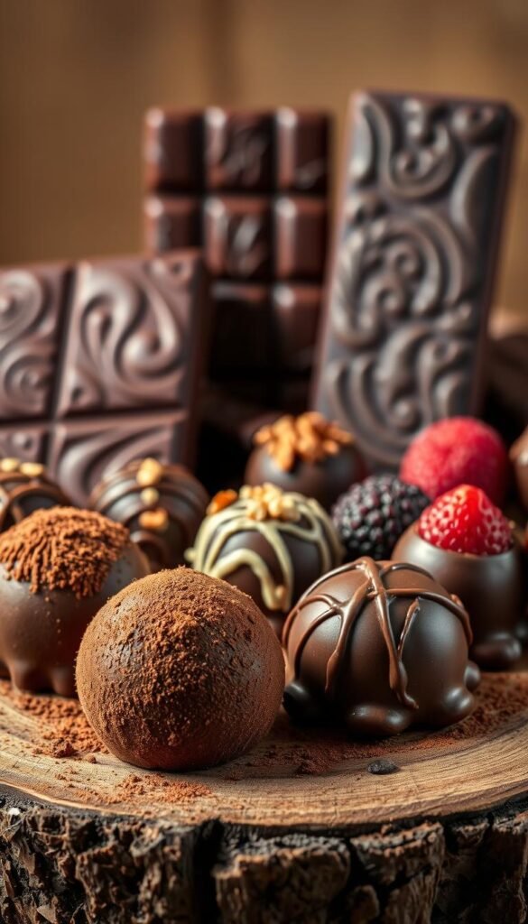 A delectable arrangement of vegan chocolate treats nestled on a rustic wooden surface, bathed in soft, warm lighting. In the foreground, rich, decadent chocolate truffles dusted with cocoa powder glisten invitingly. Behind them, luxurious chocolate bars with intricate patterns and organic ingredients stand tall. In the middle ground, a mix of bite-sized chocolate-dipped confections, some sprinkled with toasted nuts, others adorned with fresh berries, creating a visually stunning and tempting display. The background hints at a minimalist, earthy setting, allowing the exquisite chocolate creations to take center stage and showcase their indulgent, plant-based goodness.