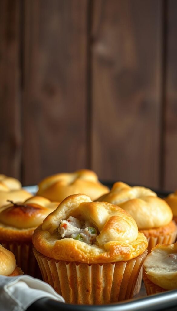 A delectable assortment of savory chicken pot pie cupcakes, nestled in a tray against a rustic wooden backdrop. Each cupcake features a flaky, golden-brown crust, encasing a rich, creamy chicken and vegetable filling. The light from a soft, diffused overhead source casts a warm glow, highlighting the inviting textures and mouthwatering details. The scene exudes a cozy, comforting atmosphere, perfectly capturing the essence of this miniature take on the classic comfort food.