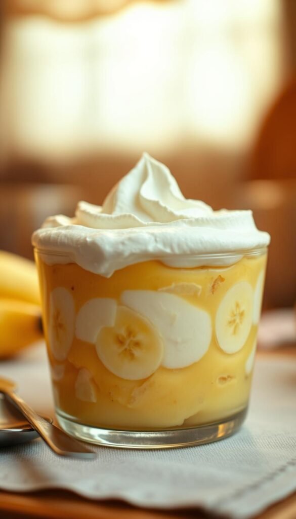 A delectable banana pudding, its sweet custard base dotted with slices of ripe banana, crowned with a fluffy layer of meringue. The scene is captured in soft, warm lighting, with a shallow depth of field that brings the dessert into focus, while the background fades into a hazy, comforting atmosphere. The image has a nostalgic, homespun quality, evoking the welcoming charm of a cozy Southern kitchen.