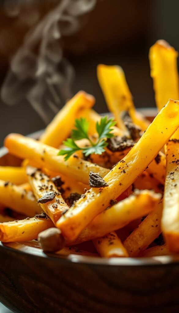 A delectable close-up of perfectly golden, crispy French fries generously dusted with grated black truffles. The fries are arranged in a rustic wooden bowl, their irregular, hand-cut shapes hinting at their homemade origins. Soft natural lighting casts a warm, inviting glow, highlighting the faint wisp of truffle-infused steam rising from the dish. The rich, earthy aroma of the truffles permeates the scene, promising a luxurious, indulgent flavor experience. A sprinkling of fresh parsley adds a vibrant, herbal accent, complementing the decadent truffle essence. The overall mood is one of refined sophistication and culinary mastery, befitting the lavish truffle-infused theme.