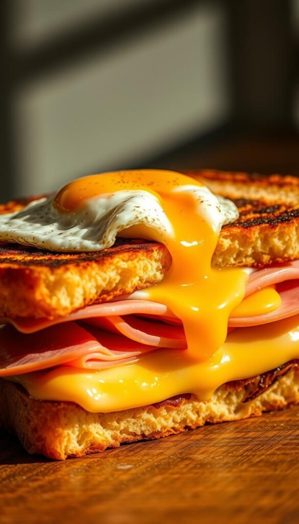 A delectable croque madame sandwich, its golden-brown bread slices enveloping a luscious filling of béchamel-coated ham and melted Gruyère cheese. A perfectly fried egg crowns the ensemble, its runny yolk oozing temptingly. Soft yet crisp, savory and indulgent, this French classic is captured in a sharp, high-contrast photograph, illuminated by warm, natural lighting that casts dramatic shadows and highlights the sandwich's textures. The angle showcases the sandwich's cross-section, inviting the viewer to imagine the satisfying bite. The overall mood is one of comforting elegance, perfectly suiting the "Croque Madames: A French Twist on Grilled Cheese" section of the article.