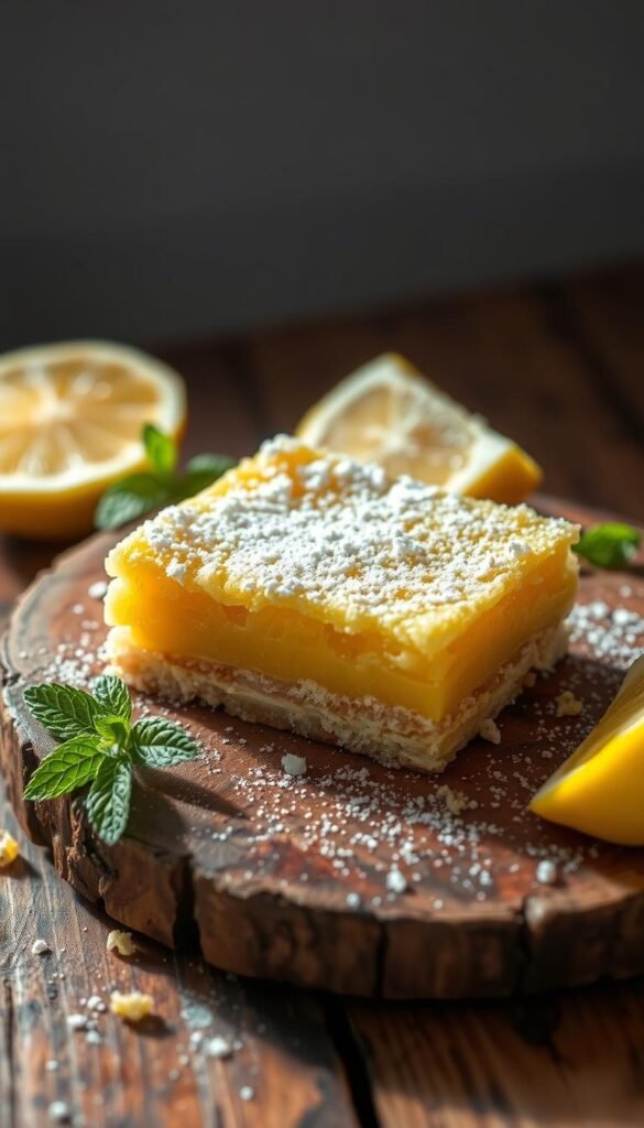 A delectable dairy-free lemon bar, artfully displayed on a rustic wooden surface. The buttery, crumbly crust gives way to a vibrant, tart lemon filling, sprinkled with a light dusting of powdered sugar. Soft natural lighting bathes the scene, creating a warm, inviting atmosphere. The image is captured from a high angle, highlighting the layered texture and mouthwatering appearance of this indulgent treat. Complementary accents, such as a sprig of fresh mint or a lemon wedge, add visual interest and depth to the composition.