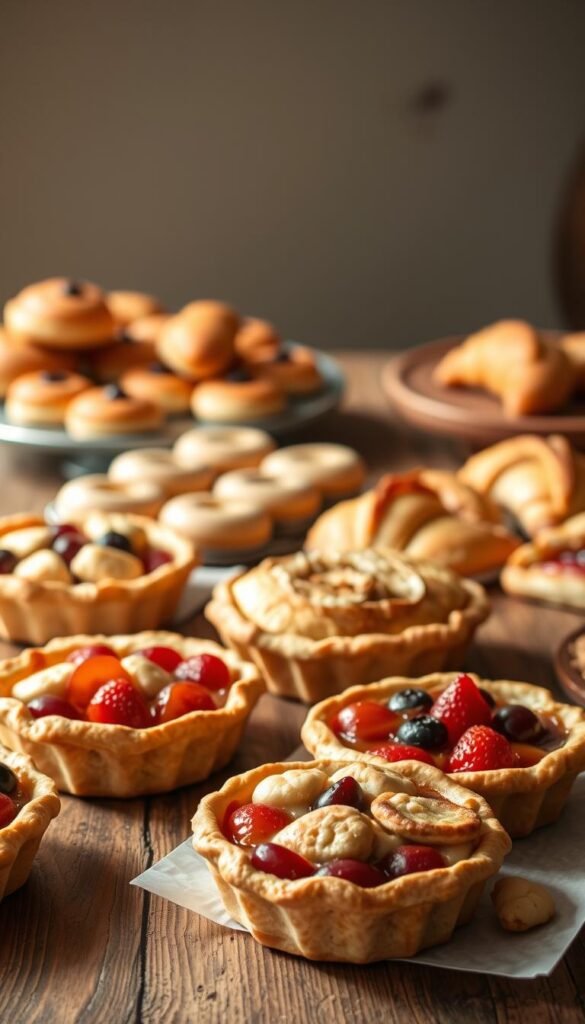 A delectable display of vegan pies and pastries, artfully arranged on a rustic wooden table. In the foreground, flaky, golden-crusted pies filled with vibrant fruit compotes and creamy nut-based fillings. Further back, an assortment of delicate, bite-sized pastries - flaky croissants, buttery danishes, and fluffy scones, all crafted with plant-based ingredients. The scene is bathed in warm, natural lighting, casting a soft, inviting glow. The overall mood is one of wholesome indulgence, enticing the viewer to savor the irresistible plant-based delights before them.