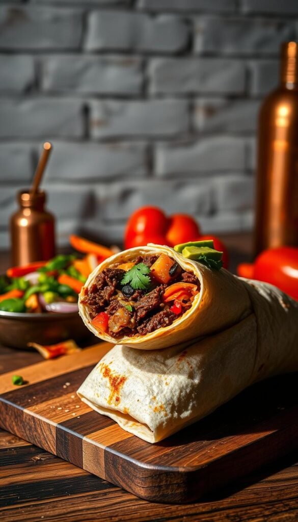 A delectable fusion of Mexican and Korean flavors, the Mexican-Korean BBQ burritos are a mouthwatering masterpiece. In the foreground, a generously-stuffed burrito, its tortilla wrap glistening with a hint of char, overflows with tender, smoky Korean BBQ-style beef, spicy kimchi, and creamy avocado. Garnished with fresh cilantro and a drizzle of tangy, creamy sauce, the burrito is presented on a rustic wooden cutting board, casting dramatic shadows in the dramatic high-contrast lighting. In the middle ground, vibrant pops of color from roasted peppers, onions, and a sprinkle of sesame seeds add depth and texture. The background features a minimalist, industrial-chic setting, with a weathered brick wall and hints of copper and steel, creating an urban, yet cozy atmosphere.