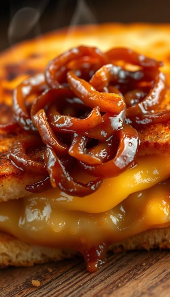 A delectable grilled cheese sandwich, its crisp golden bread cradling a melty, gooey center. Atop the bread, slivers of caramelized onions, infused with the smooth, smoky notes of bourbon, creating a savory symphony. The onions glisten with a glossy sheen, inviting the viewer to take a bite and experience the depth of flavors. Subtle wisps of steam rise from the sandwich, hinting at the warmth and comfort within. Captured in a high-resolution, close-up perspective, the sandwich's textures and layers are showcased in vivid detail, making the viewer's mouth water with anticipation. Lit by soft, diffused lighting that casts gentle shadows, the image emanates a cozy, intimate ambiance, perfectly suited for an artisanal grilled cheese feature.