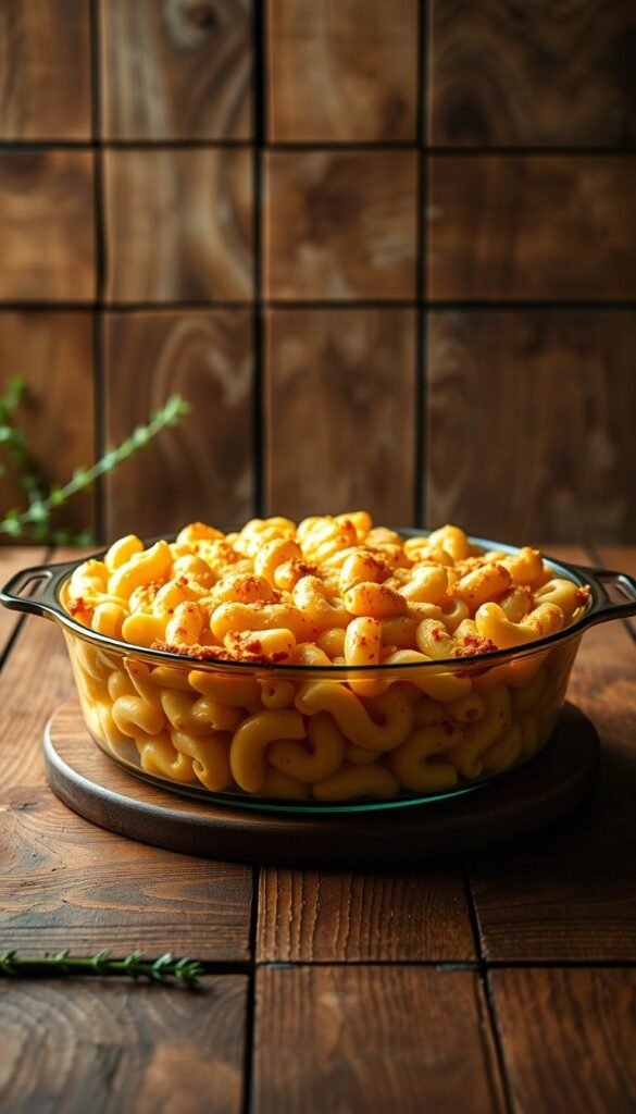 A delectable mac and cheese casserole, freshly baked with a golden-brown crust, sitting atop a wooden table. The molten, creamy cheese oozes between the elbow macaroni, a heavenly blend of cheddar and parmesan. Wisps of steam rise from the dish, hinting at the comforting warmth within. The table is set against a rustic, country-chic backdrop, with weathered wooden planks and a few sprigs of fresh thyme adding a touch of natural elegance. Warm, soft lighting casts a cozy glow over the scene, inviting the viewer to dive into this indulgent Southern comfort food.