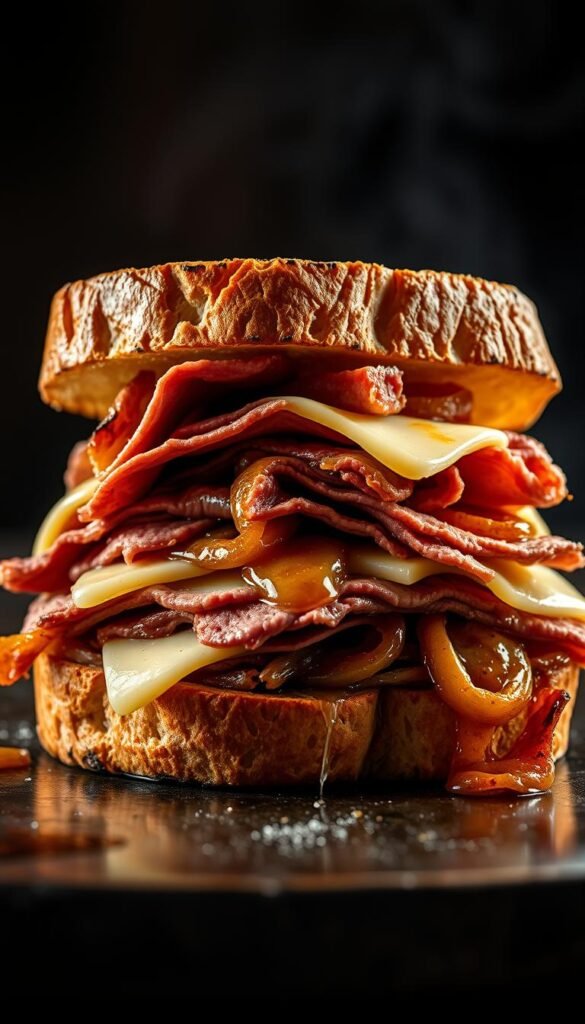A delectable roast beef and French onion sandwich, expertly grilled to perfection. The juicy, thinly sliced roast beef is layered between thick-cut slices of artisanal sourdough bread, melted Swiss cheese, and caramelized onions in a rich, savory broth. The sandwich is lightly toasted, creating a golden-brown crust that crunches satisfyingly with each bite. Dramatic side lighting illuminates the sandwich's layers, highlighting the gooey cheese and the depth of flavor in the roast beef and onions. The scene is set against a moody, atmospheric backdrop, evoking a cozy, indulgent culinary experience.
