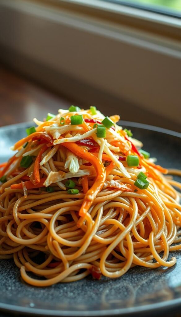 A delectable vegan dish composed of a vibrant peanut slaw artfully arranged atop a bed of slender, glistening soba noodles. The slaw features shredded cabbage, carrots, and scallions tossed in a creamy peanut dressing, its colors popping against the neutral backdrop of the noodles. The scene is illuminated by natural light, casting a warm, inviting glow over the scene. The composition is balanced and visually appealing, drawing the eye to the interplay of textures and flavors. An earthy, satisfying meal that would delight vegetarian and omnivore palates alike.