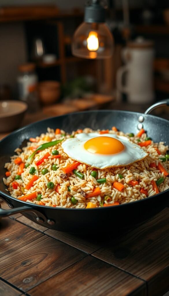 A delectable vegetarian fried rice dish, freshly prepared in a large wok under warm and inviting kitchen lighting. A medley of vibrant vegetables including carrots, peas, bell peppers, and scallions sizzle and mingle with fluffy long-grain rice. The aroma of toasted sesame oil and fragrant garlic fills the air, enticing the senses. Flecks of grated ginger and a sprinkle of soy sauce add depth of flavor, while a perfectly cooked sunny-side up egg rests atop the steaming mound, ready to be stirred in. The composition is arranged on a rustic wooden table, creating a homey and appetizing scene.