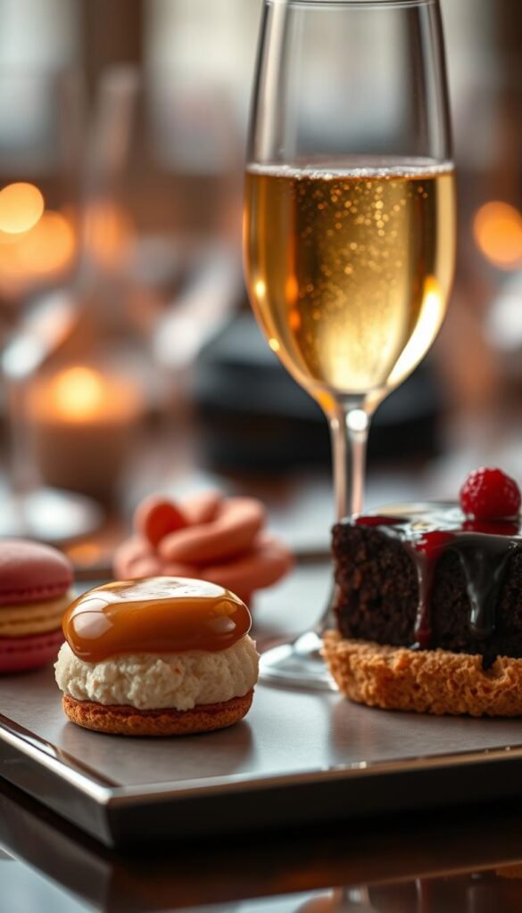 A delicate arrangement of decadent desserts and a chilled glass of champagne, set against a warm, softly-lit backdrop. In the foreground, a petit four with a glistening glaze sits beside a delicate macaron, their colors complementing the golden bubbles of the champagne. In the middle ground, a slice of rich chocolate cake drizzled with raspberry coulis, its dark hues contrasting with the effervescent libation. The background features a blurred, elegant table setting, hinting at an intimate, celebratory atmosphere. The lighting is soft and warm, creating a cozy, indulgent mood perfect for savoring the sweet and bubbly pairing.