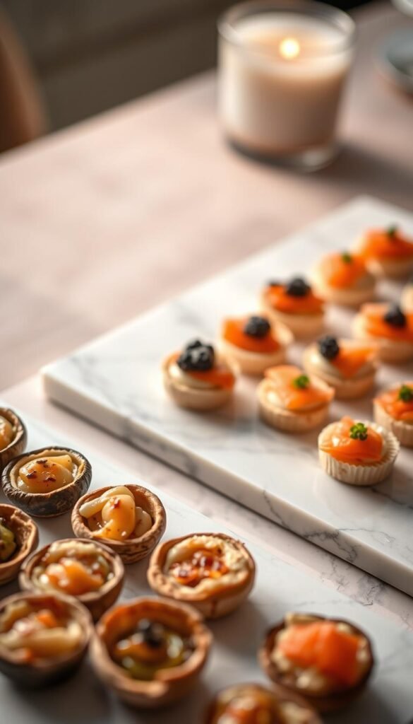 A delicate arrangement of elegant finger foods, beautifully presented on a marble serving tray. In the foreground, bite-sized savory morsels such as mini quiches, stuffed mushrooms, and petite sandwiches with delicate crusts. The middle ground features a variety of artfully crafted canapés, each topped with a mouthwatering selection of ingredients, from smoked salmon to caviar. The background is softly lit, creating a warm and inviting atmosphere, with a subtle play of shadows and highlights that accentuate the refined textures and colors of the delicacies. The overall composition exudes a sense of refined sophistication, perfect for an afternoon tea party or a formal gathering.