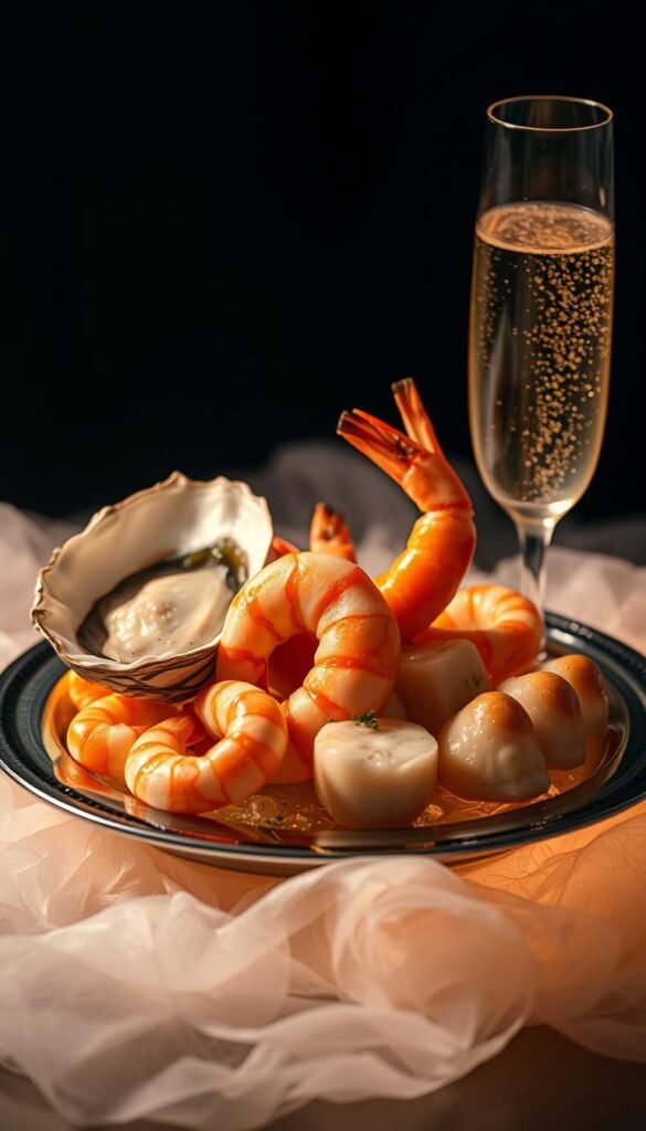 A delicate arrangement of fresh seafood delicacies - a plump oyster, succulent shrimp, and tender scallops - artfully presented on a gleaming silver platter. The arrangement is complemented by a flute of shimmering champagne, its golden bubbles dancing with anticipation. The scene is bathed in a warm, soft lighting that casts a romantic glow, evoking a sense of indulgence and celebration. Positioned on a dark, moody background, the seafood and champagne pairing appears to float in an ethereal, dreamlike space, inviting the viewer to savor the exquisite harmony of flavors and textures.