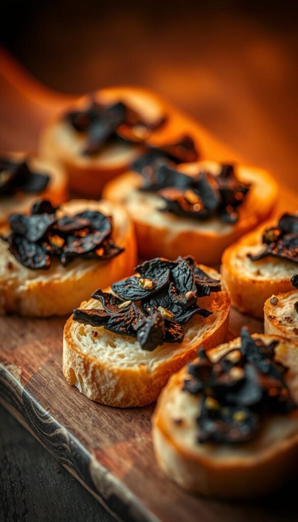 A delicate arrangement of freshly toasted crostini, adorned with glistening shavings of decadent black truffles. The crisp, golden-brown bread serves as a canvas for the luxurious, earthy essence of the truffles, creating a harmonious interplay of textures and flavors. Bathed in warm, soft lighting that accentuates the truffle's distinctive hues, the crostini are artfully presented on a rustic wooden board, evoking a sense of refined simplicity. The scene exudes an air of indulgence and sophistication, perfectly capturing the essence of the "Decadent Truffle Crostini" section of the luxurious truffle-infused recipe article.
